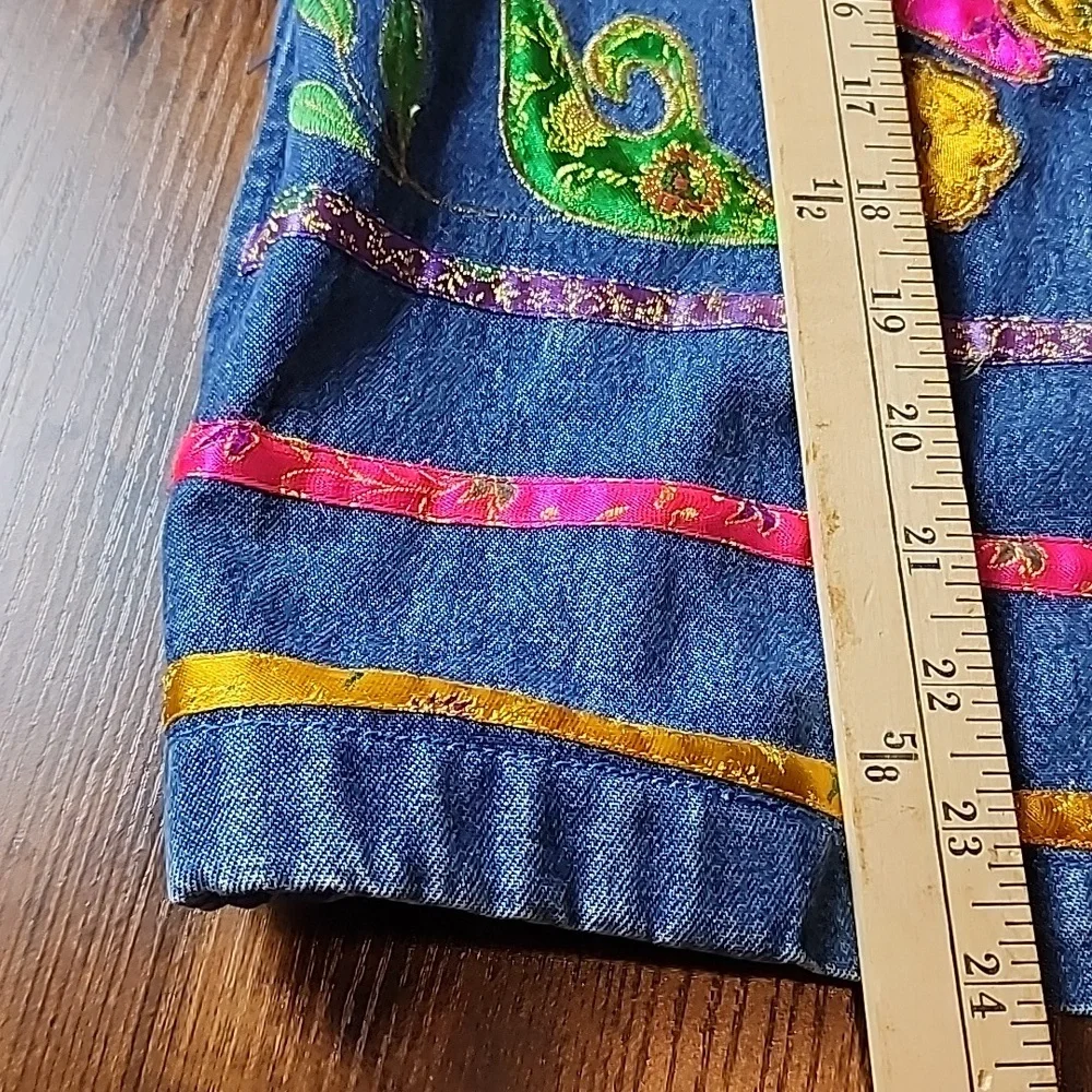 TANTRUMS | Vintage Bright Dopamine Floral Ribbon Embroidered Denim Jacket | L - Picture 12 of 12
